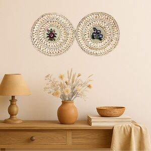 2 Vintage Rattan Floral Cross Stitch Trivet Cottagecore Grannycore Boho 9 3/4”